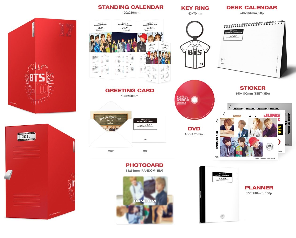 【中古】BTS ２0１７ SEASON’S GREETINGS １ DVD+２ Calendars+Planner+２p Card+Sticker+Key Ring