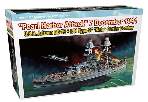 【中古】プラッツ ドラゴン 1／700 WW2 1941年12月8日 真珠湾攻撃 アメリカ 戦艦 アリゾナBB-39 ＆ 日本 九七式艦上攻撃機 2機 付属 プラモデル DR7127