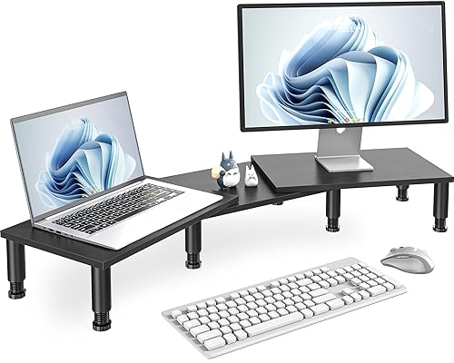 【中古】(非常に良い)AX WABER 二台置き可能 スタンド モニター台 台 机上ラック pcスタンド 長さと角度調整デスク上置棚 卓上収納 キーボード収納 木製 モニターノー