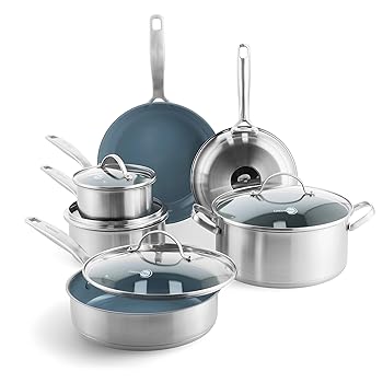 【中古】(非常に良い)GreenPan Treviso 調理器具10点セット 非毒性 PFASフリー ステンレススチールセラミックノンスティックコーティング IH対応 鍋/フライパン蓋/ソ|COCOHOUSE