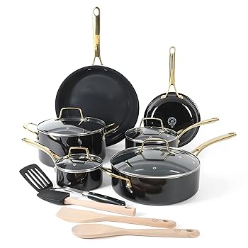 【中古】Martha Stewart Lockton 14点 プレミアムノンスティックヘビーゲージアルミニウム膳立て物の具ジャズバンド仕掛ける(鍋、フライパン、物の具) - 黒いこと、ゴ