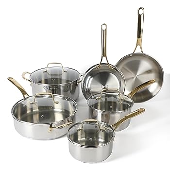 【中古】Martha Stewart Castelle 10ピース ステンレススチール IH対応 鍋とフライパン 非毒性 キッチン調理器具セット - ゴールドハンドル|COCOHOUSE