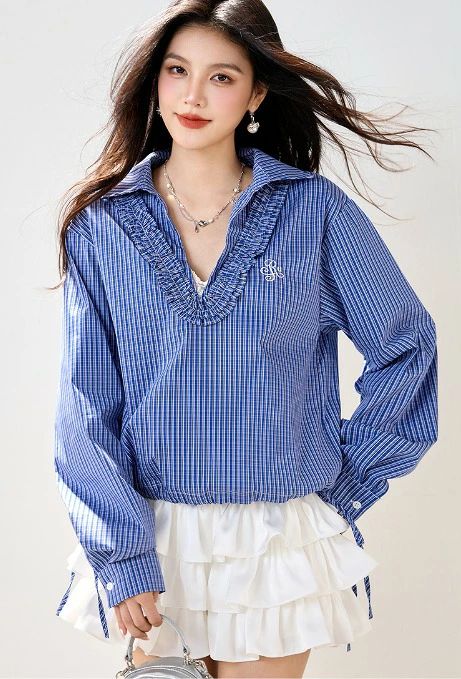 tops】 チュニック かわいい 可愛い きれいめ 春夏 レディース 体型カバー【大きいサイズ フリル バイカラー 切り替え