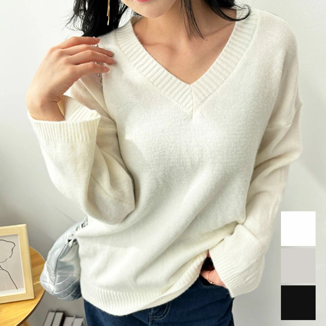vネック オフィス ニット トップスに トップス 長袖 かわいい きれいめ セーター トップス ざっくりニット 無地 夏 夏服 韓国フ