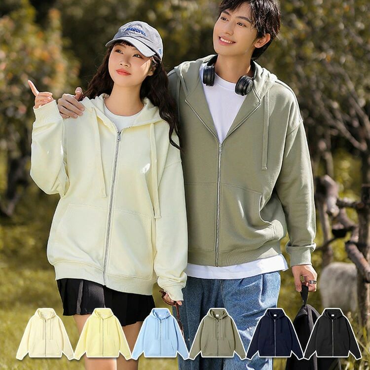 ュアル シンプル 無地 秋服 秋 コート アウター フード付き 男女兼用 前開き ジップアップパーカー レディース メンズ パーカー