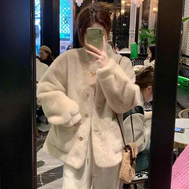 アウター トップス 長袖 かわいい ふわふわ 暖かい フェイクファー メープル色 クリーム色 立襟 レディース ファーコート