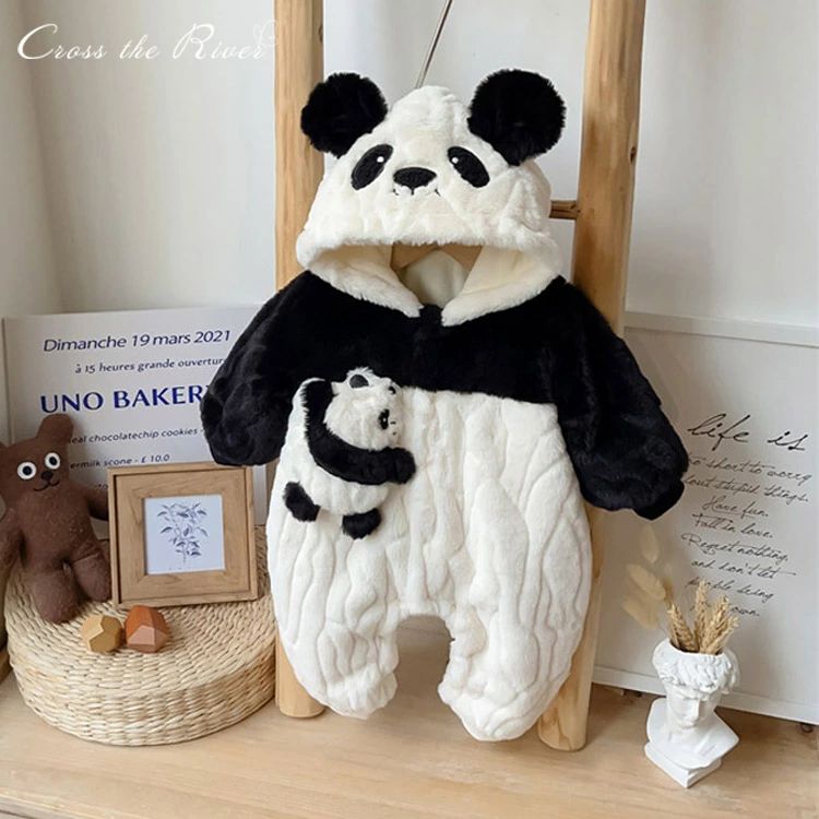 新生児 動物 クリスマス 男 着ぐるみ フード付き プレゼント もこもこ 裏起毛 ロンパース コスプレ 服 防寒 ベビー パンダ 厚手
