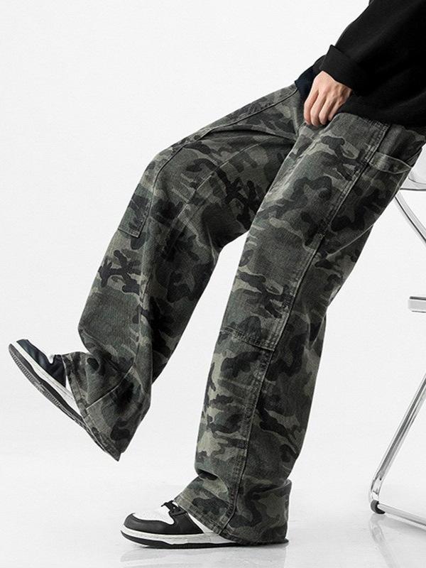ト ルーズフィット コットン 厚手 ロング ワイドレッグ ストレート ワーク ヒップホップ レトロ 春秋 迷彩 メンズ デニムパンツ