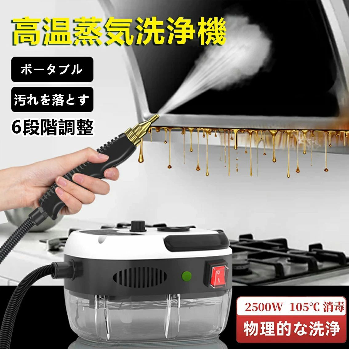高温蒸気洗浄機 蒸気洗浄機 高温 高圧 2500W 110V 6段階調整 105℃ 消毒 除菌 ダ