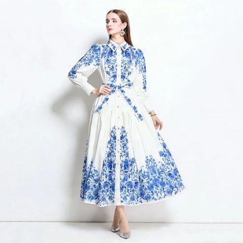 ロングワンピース 長袖 パフスリーブ プリント柄 きれいめ おしゃれ レディース【大きいサイズ レディース 春夏 結婚式 きれいめ