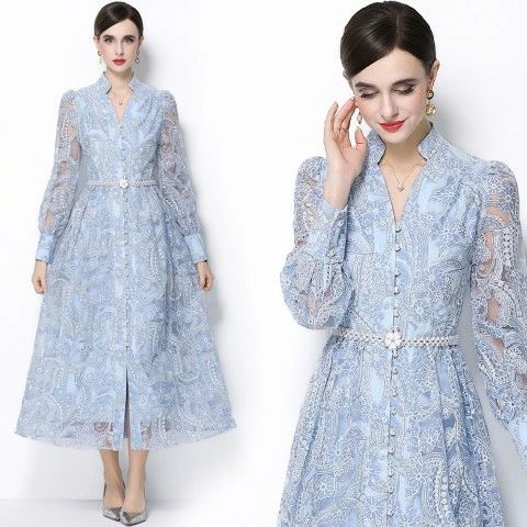 ロングワンピース フレアスカート ひざ下丈 長袖 ししゅう きれいめ ドレス 二次会 披露宴 懇親会 パーティー レディース【大き