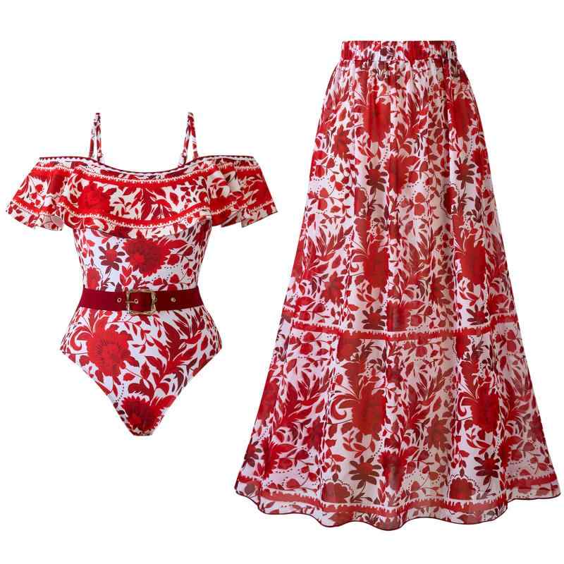 XL L M S 赤 プール ビーチ 海水浴 游泳 大人 女性用 体型カバー プリント レトロ スカート付き シフォン 2点セット ?体 レディ