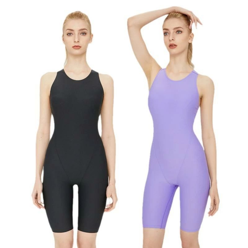 3XL 2XL XL L M 紫 深青 ブラック ポリエステル ライクラ 伸縮性 フィットネス 競泳用 体型カバー スイムウェア 一体型 レディー