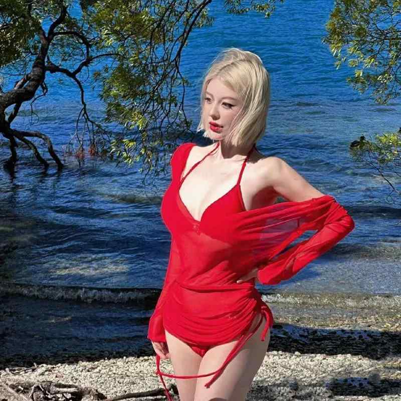 伸縮性 リゾート 温泉 スタイル セクシー レッド 3点セット ビキニ 長袖 レディース