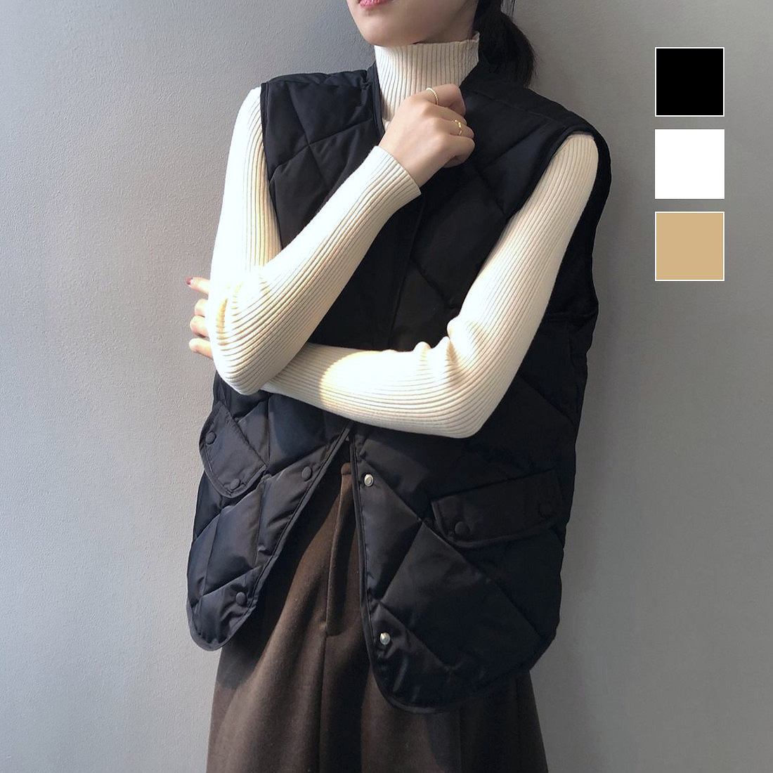 トレンド ショートベスト ノーカラー 夏 羽織 ジャケット カジュアル ジレ として気軽に羽織れる中綿キルティングベスト