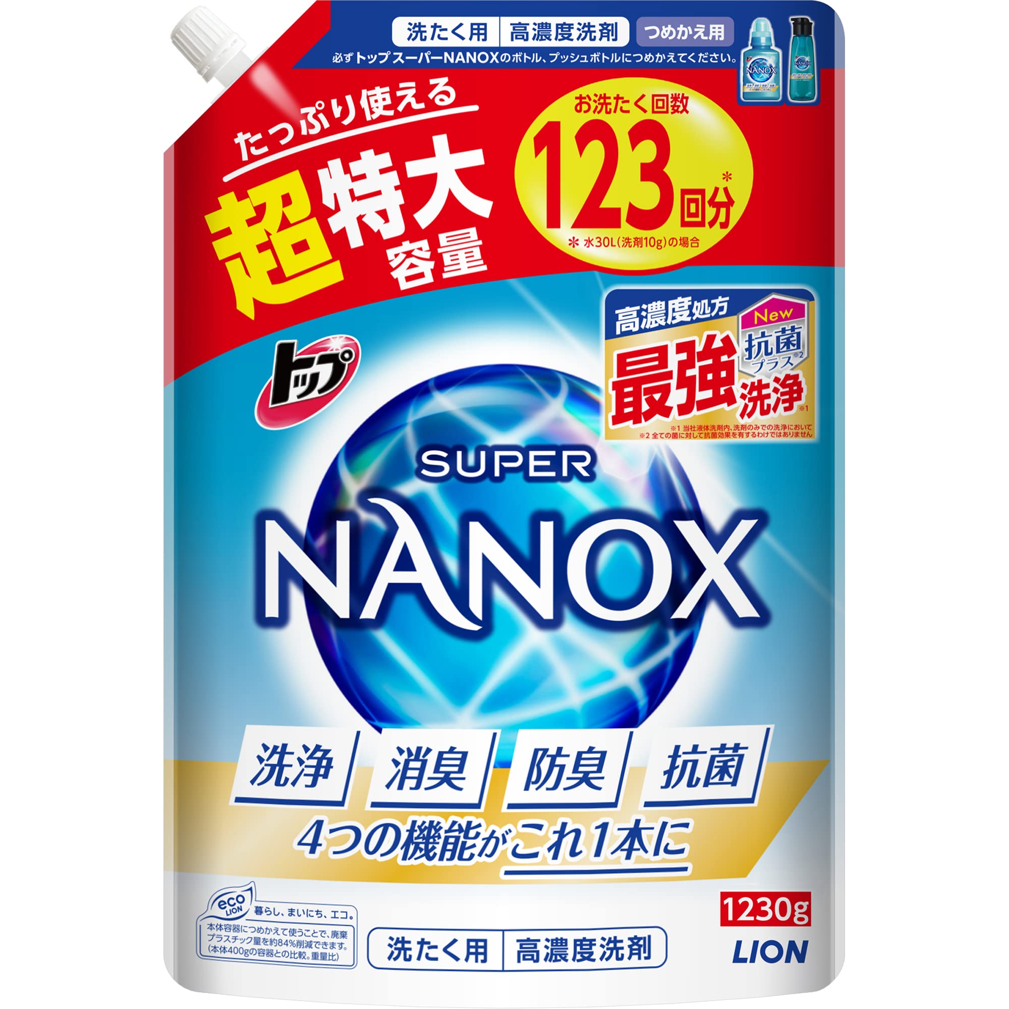 いの一番 ナノックス(NANOX) スーパーナノックス 螢光剤・ケイ素樹脂無足し加える 高濃さ 洗い濯ぎ中性洗剤 流動物 詰め替え 超特大 大電気容量 1230g