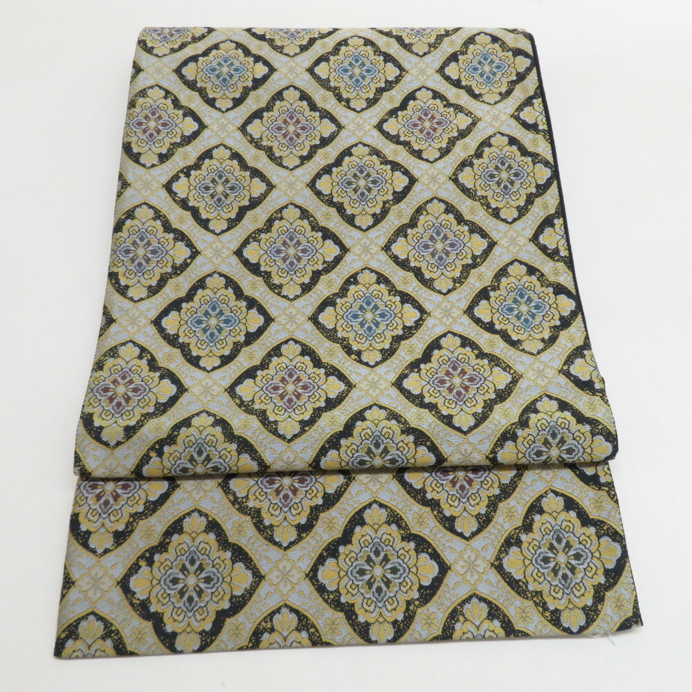 袋帯 正絹 金糸銀糸 本金箔グレーxゴールドx多色 扇子文様 六通柄