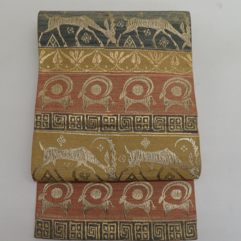 袋帯 洒落袋帯 両面全通柄 リバーシブル 鹿の子に縞模様 枝模様 金糸 ゴールドｘ緑色ｘ茶色 正絹 仕立て上がり 着物帯 長さ456cm 【キモノオフ野々市若松店】 楽天市場】袋帯 洒落袋帯 両面全通柄 リバーシブル 鹿の子に縞模様 枝