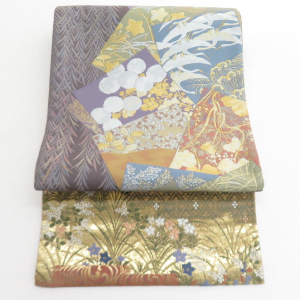 袋帯 正絹 六通 鳳凰と華文様 金糸 O-0048 平和屋着物◎六通柄袋帯 唐織 鳳凰花文 金糸 正絹 逸品