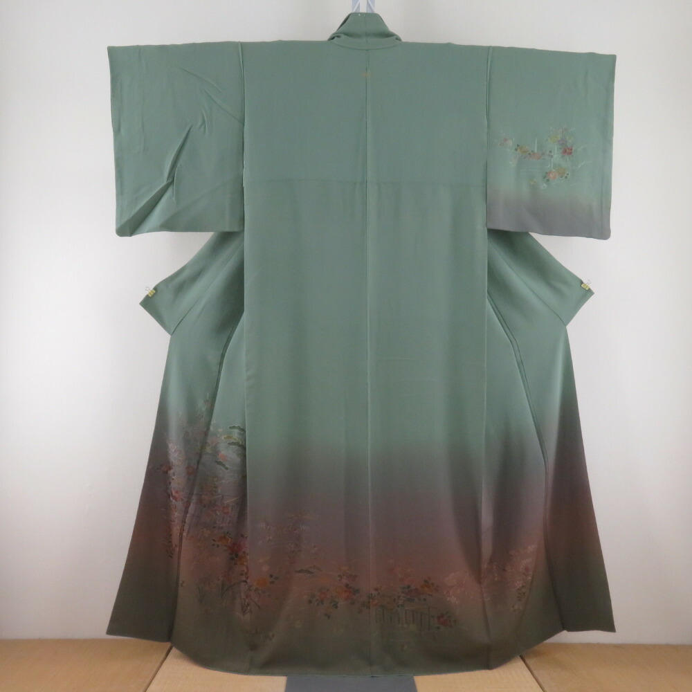 訪問着 刺繍 ぼかしに花文様 緑色 茶色 袷 広衿 正絹 一つ紋 五三桐文 仕立て上がり着物 身丈156cm【中古】