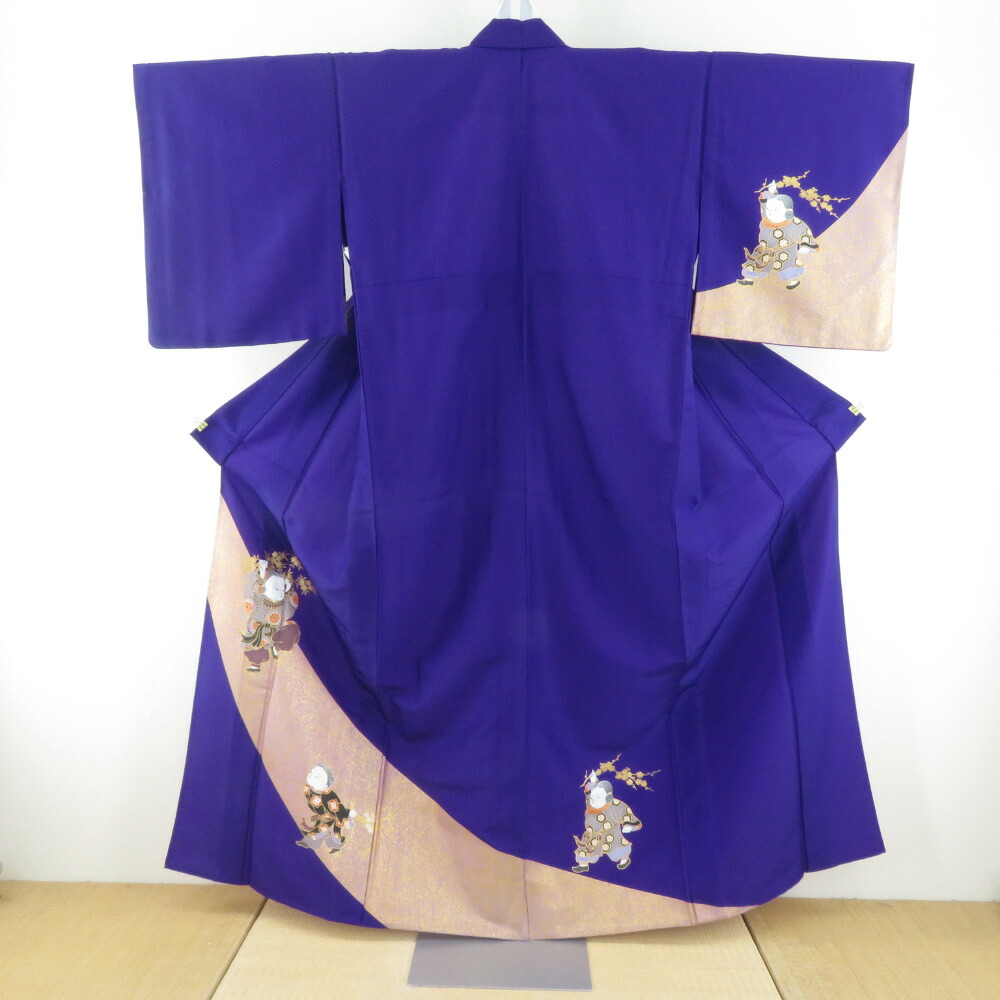 付下げ 単衣 ポリエステル 濃い紫色ｘ金色 童子紋様 踊り用 ステージ用 舞台用 バチ衿 仕立て上がり 身丈158cm【中古】