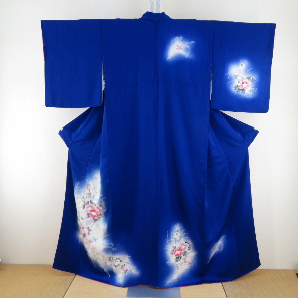 付下げ 袷 青味ｘピンク色ｘ多色 ぼかし染め 花立て紋様 広衿 正絹 仕立てもの売り上げ金御召しもの 身たけ158糎【中古】