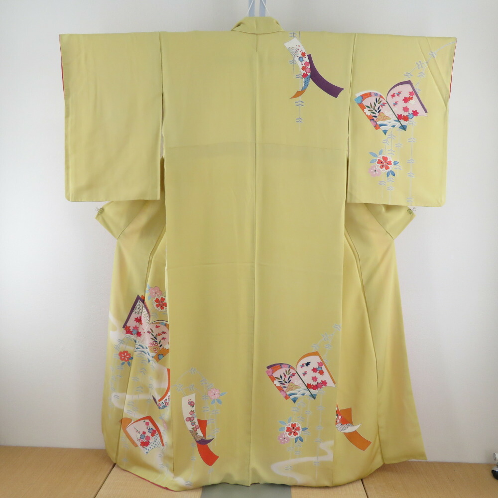 付下げ 袷 洋芥子色ｘオレンジ色色ｘ多色 冊紙に熨斗と花々紋様 広衿 正絹 仕立てもの売り上げ金お召しもの 身の長157珊【中古】 レディースファッション-着物-和服