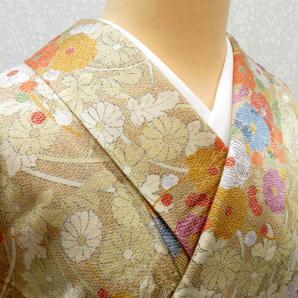 小紋 袷 薄茶ｘ多色 花々模様 正絹 広衿 仕立て上がり着物 身丈163.7cm【中古】