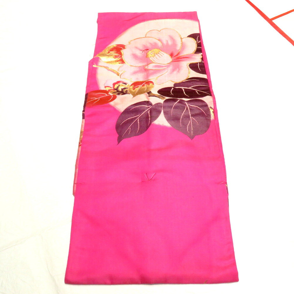 名古屋帯 昔 アンティーク帯 ピンク×金赤紫 椿 昔名古屋帯 レトロ 明治・大正ロマン 正絹 カジュアル 長さ338.5cm【中古】