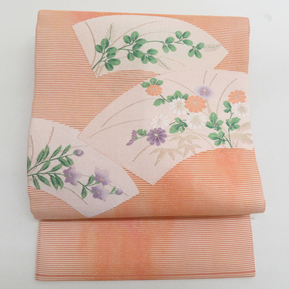 名古屋帯 夏帯 絽 正絹 年魚ピンク色ｘ多色 扇子に花文様 お太鼓柄 夏用 なごや帯 正絹 心地よい 仕立てもの売り上げ金 夏物   長さ338糎【中古】