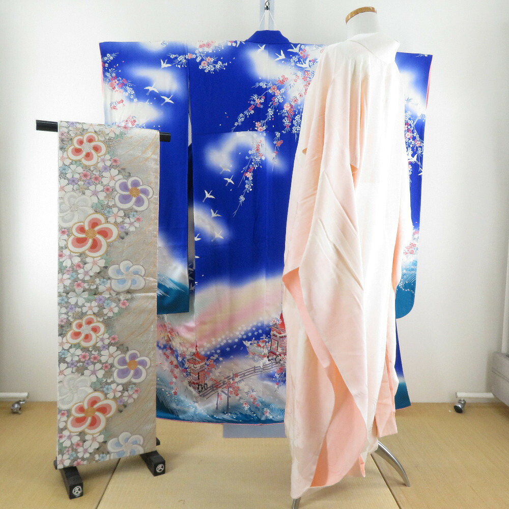 振袖 正絹 3点セット【着物 長襦袢 袋帯】箔入り 青色ｘ白色ｘピンク色ｘ多色 祇園祭鉾文様 仕立て上がり 成人式 身丈160cm【中古】 22,176円