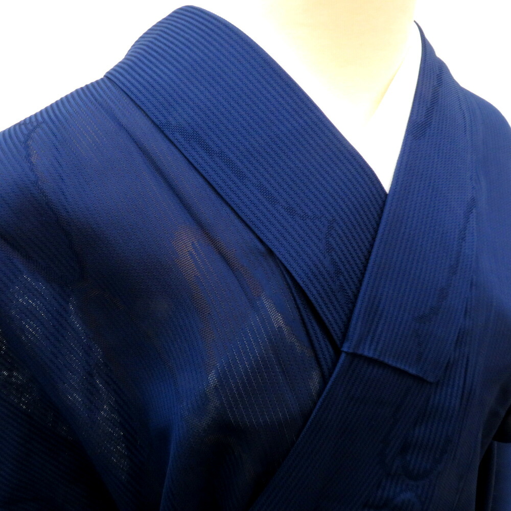 小紋 夏着物 縦絽 単衣 バチ衿 紺色 地模様 波 夏物 仕立て上がり カジュアル 普段使い 身丈157.3cm【中古】
