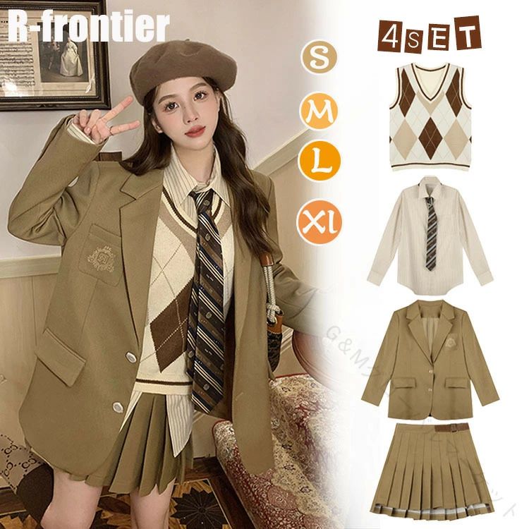 【送料無料】卒業式スーツ 女の子 大きいサイズ 小学生 卒服セット 韓国風制服 なんちゃって制服 入学式スーツ 150サイズ 160サイズ ブレザーセット ゆったりサイズ 中学生対応 高校生スーツ 制服風コーデ 卒業式服装 入学式服装 プリーツスカート 4点セット