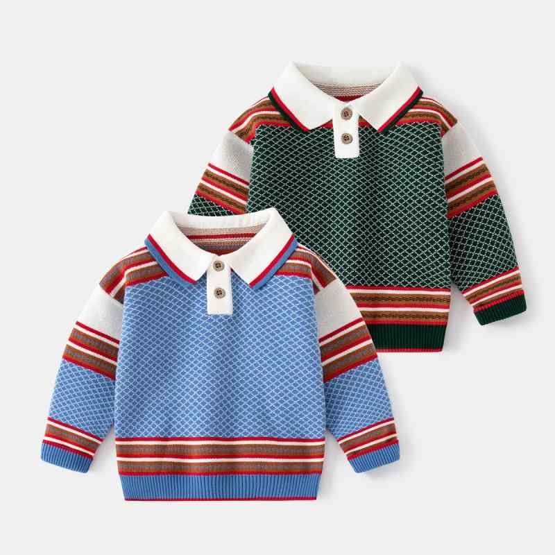 【送料無料】子供服 ニット ボーイズ ストライプ柄 トップス 長袖 コットン 襟付き セーター カジュアル 秋冬 海軍風 墨緑 90cm 100cm 110cm 120cm 130cm