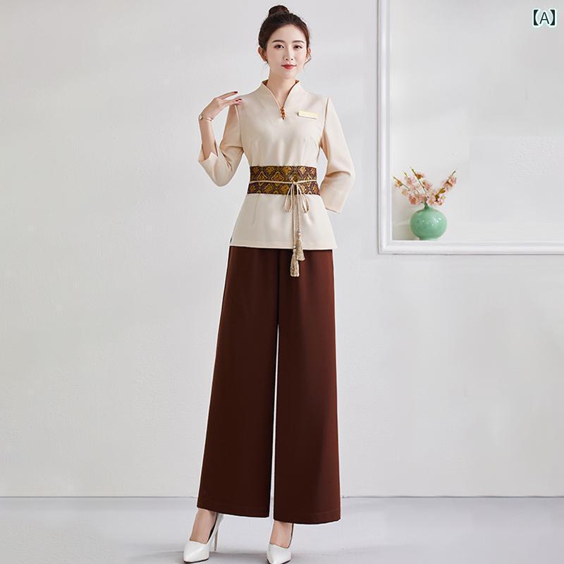 【送料無料】エステ ユニフォーム パンツ 春秋 レディース 美容院 作業服 サウナ 足湯 マッサージ サロン 半袖 長袖 大きめサイズ セットアップ フレア タッセル ウエストマーク アプリコット 白 黒｜こころ家店