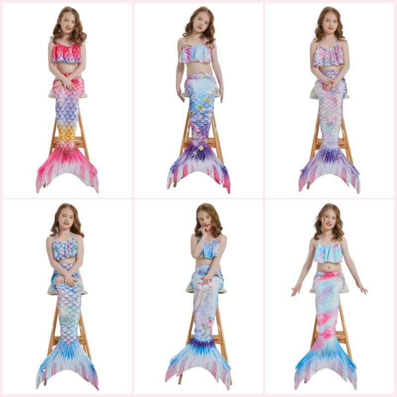 【送料無料】水着 子供 女の子 マーメイド 人魚姫 コスチューム 3点セット ワンピース ビキニ フィン付き 高弾性 プール 海水浴 温泉