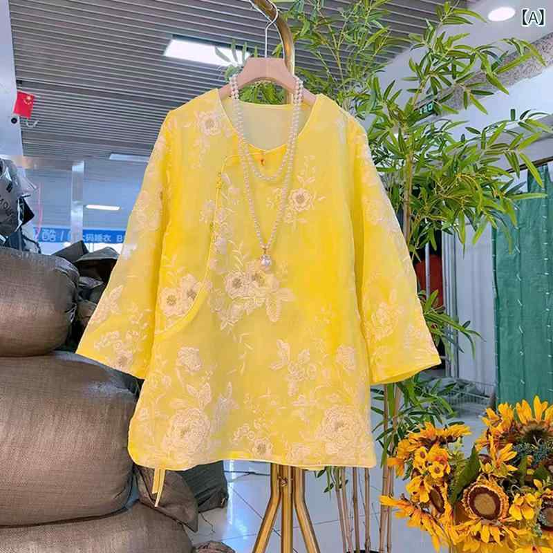 【送料無料】ブラウス レディース プラスサイズ ゆったり 体型カバー 細見え 刺繍 花柄 シフォン 長袖 ラウンドネック プルオーバー ポリエステル 大人 エレガント 上品 レトロ 春夏 イエロー
