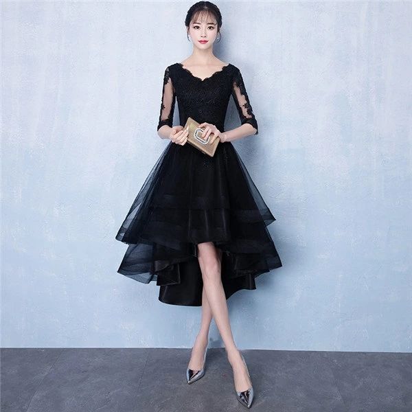 パーティードレス ロング 結婚式 韓国 ミモレ丈ドレス 演奏会 黒 膝丈ドレス 前短後長 編上げタイプ ブラックドレス レースドレス スレンダーライン パーティードレス 演出 司会 舞踏会 披露宴ドレス