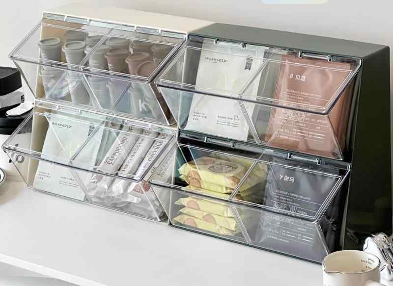 ティーバッグ 収納 ボックス ケース ラック カプセル スティック コーヒー 小物 整理 蓋付き 防塵 プラスチック 白 緑 透明 無地 長方形 2段 大容量 キッチン 卓上 オフィス シンプル おしゃれ セット
