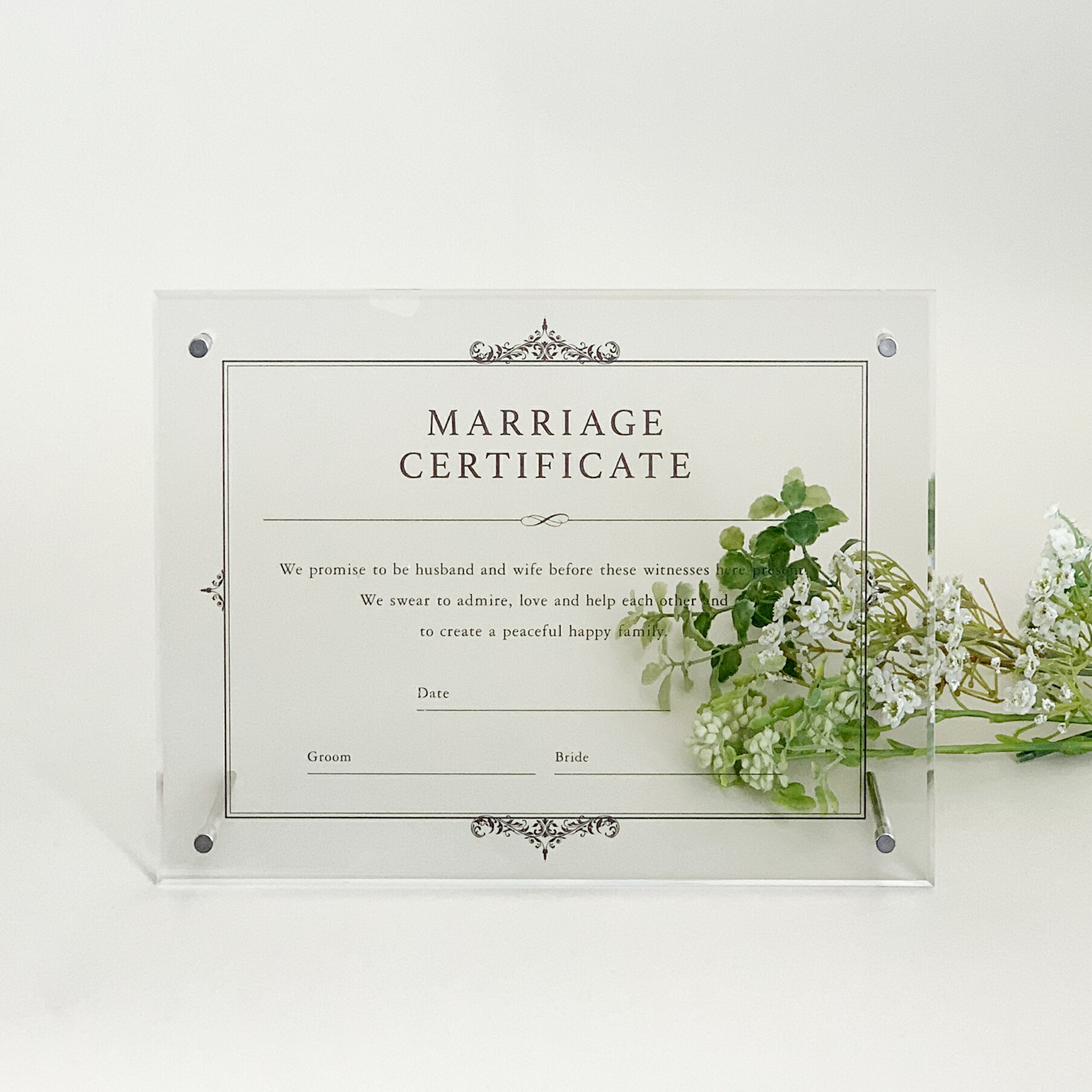【15日限定P5倍+200円OFFクーポン】 アクリル結婚証明書 クラシック ブラック 結婚式 アクリル 結婚証明書 オシャレ ゲスト参加型 参加型 キリスト教式 人前式 フラワー 木 ドロップ ウェディング ブライダル ペーパージャック