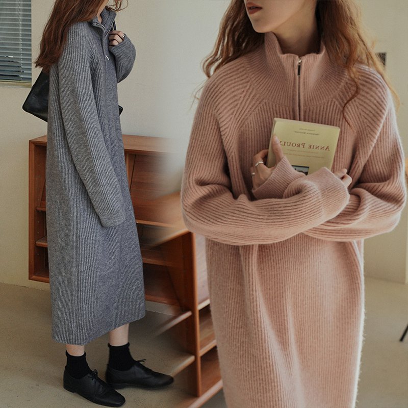 ワンピース セーター ニット ジッパー 長袖 ストライプ Iライン レディース 可愛い ママコーデ ママファッション ママ服 マタニティウェア ゆったり 大きいサイズ デイリー 普段着 お出かけ おしゃれ シンプル 無地
