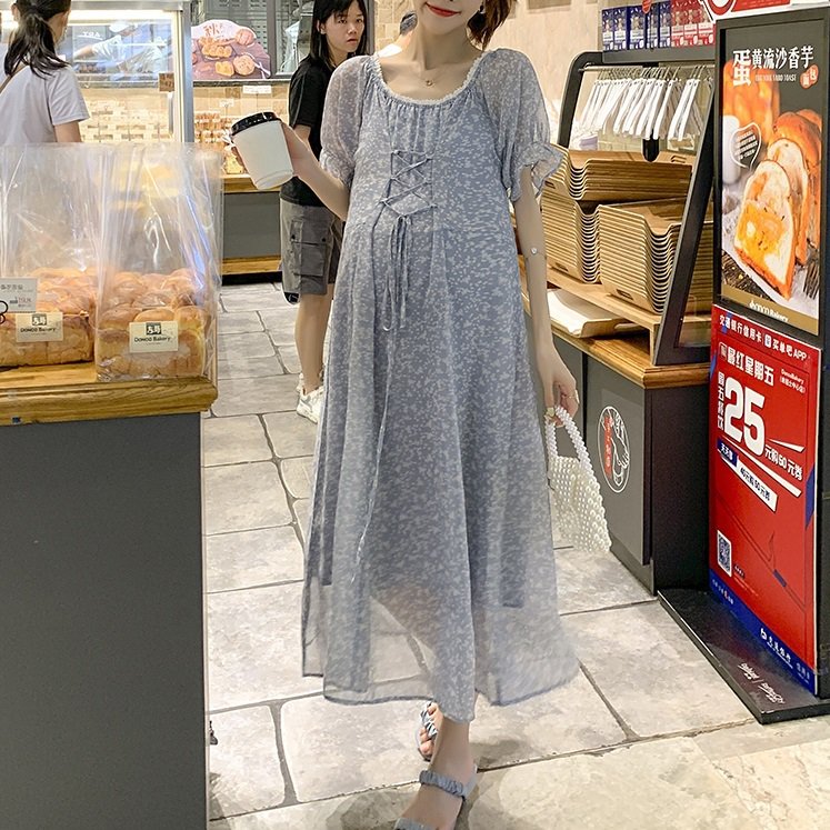 【日本未発売/送料無料】マタニティ ワンピース シフォン パフスリーブ レースアップ シアー 透け感 ロング レディース 可愛い ママコーデ ママファッション ママ服 マタニティウェア 人気 ゆったり 大きいサイズ デイリー 普段着 お出かけ おしゃれ シンプル 無地 きれいめ