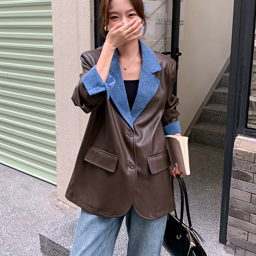 レザージャケット レディース レザージャケット&times;デニムーバイカラーデザイン オーバーサイズ フェイク レザー PU ビッグシルエット こなれ感 大人カジュアル 個性的 韓国 人気 トレンド 新作 20代 30代 40代 きれいめ シンプル お出かけ おしゃれ 普段着 レトロ 着痩せ｜ココスマイル