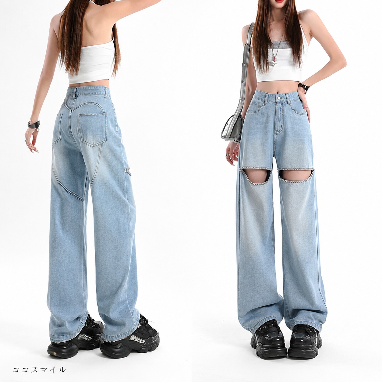 カットアウトデニム ビジュー デニム レディース カットアウトビジューデニム 大きいサイズXS～2XL キラキラパンツ ステージ衣装 個性的 韓国ストリート Y2K 参戦服 ココスマイル 20代 30代 40代｜ココスマイル