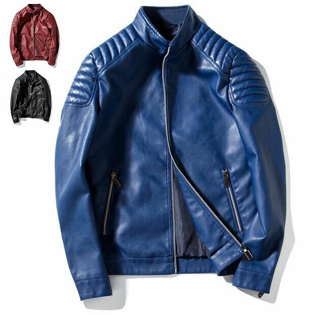 ジャケットメンズジャケットライダースメンズ レザージャケット PU革ジャン バイクジャケット アウター ショートコート ブルゾン防風 ジャンパー アウター防寒ブルー/レッド/ブラック 【海外通販】