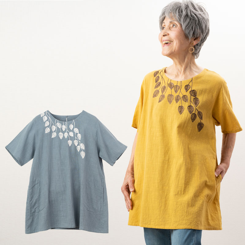 シニアファッション レディース 80代 70代 60代 90代 秋冬 リーフ刺しゅう半袖プルオーバーブラウス おばあちゃん 服 婦人服 女性  ミセス 祖母 お年寄り 老人 高齢者 プレゼント オシャレ ココわく（シニアファッション）