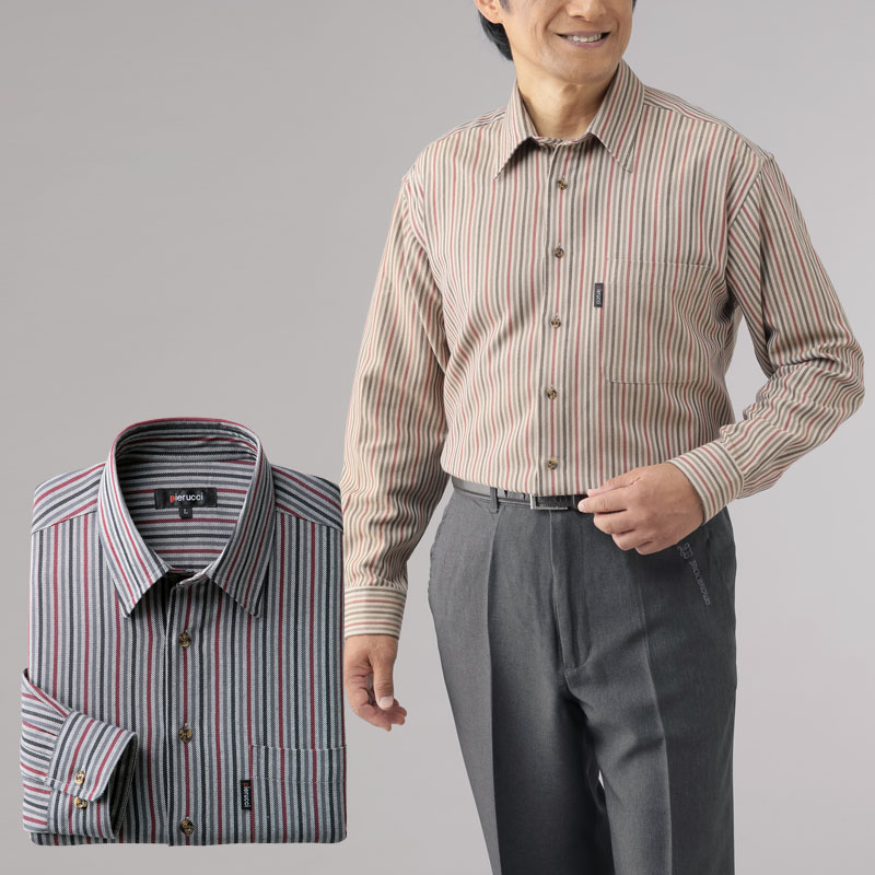 シニアファッション メンズ 80代 70代 60代 90代 秋冬 あったか 長袖 ウール入り ストライプ柄 長袖シャツ ２色組 おじいちゃん 服 誕生日 プレゼント 紳士服 男性 祖父 お年寄り 老人 高齢者 ギフト 8,250円
