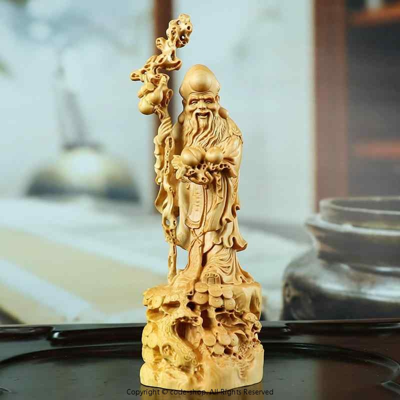 置物 長寿の神様 寿老人 木彫り 工芸品 黄楊木製 つげ 手彫り 縁起物 開運 中国風 リビング 玄関飾り 誕生日 敬老の日 長寿祝い プレゼント|ソウゴウバンジヤ