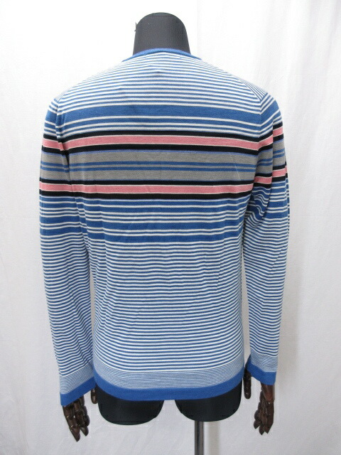 未使用品 トゥモローランドトリコ シルク カシミヤ混 薄手 ニット セーター メンズ Sizem ブルー系 マルチボーダー柄 15mn3139 中古 septicin Com