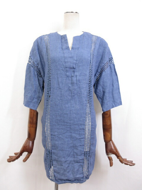 アドーア Adore リネン100 デニム風 スキッパー チュニック ワンピース レディース Size36 淡いネイビー系 織柄 15lo2758 中古 Gamerzos Com